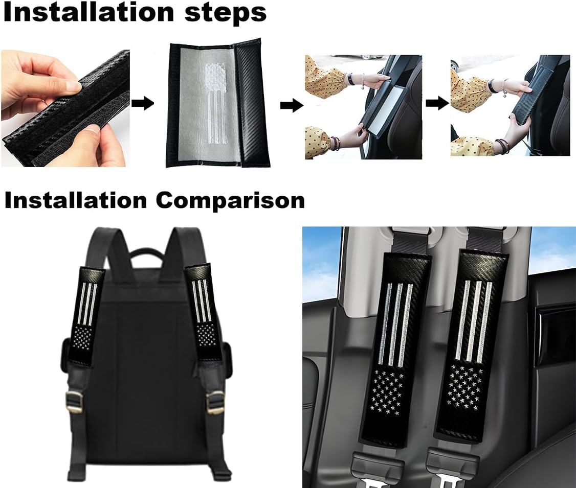 2PCS Car Seat Belt Covers Shoulder Pads for American USA Flag, Carbon Fiber Car Seat Belt Pads Safety Belt Cover Pad, American Flag Decoration Interior Car Accessories