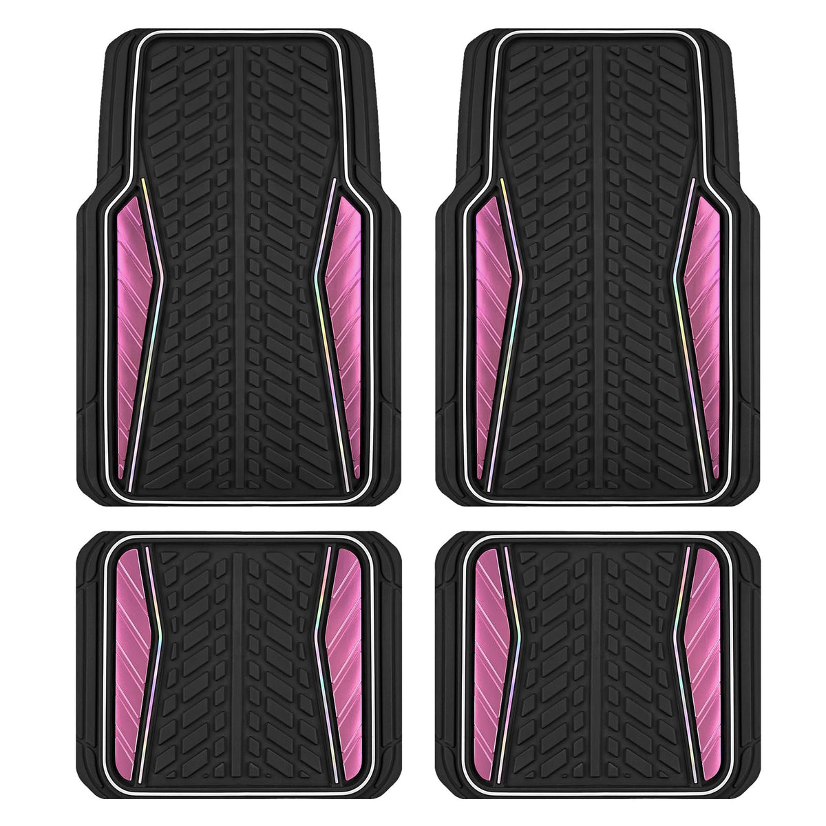 PIC AUTO Car Floor Mats, Pink Aluminum-Molded with Full-Circle Iridescent Inlay Strip Car Mats, Universal-Fit Rubber Mats for Cars, Trucks & SUVs, All-Weather, Non-Slip, Easy-to-Clean Interior Mats