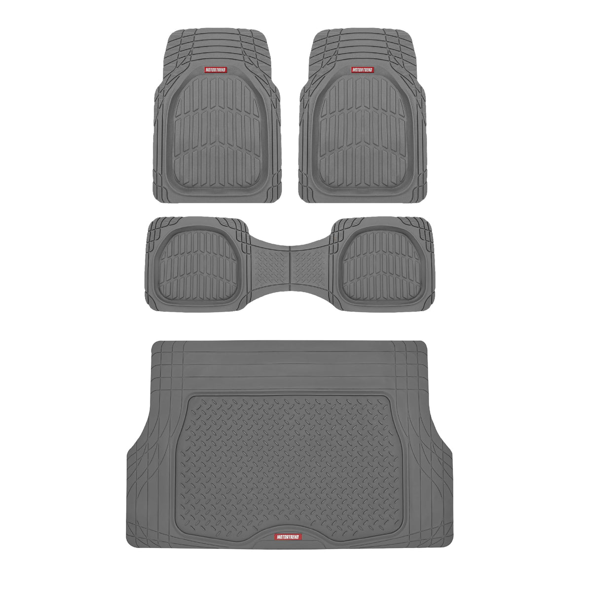 Motor Trend FlexTough 4-Piece Heavy Duty Floor Mats for Cars Trucks SUVs, Automotive Floor Mats Car Mats Full Set Front, Rear & Cargo, Trim-To-Fit Semi-Custom Deep Dish All Weather Rubber Mats - Black