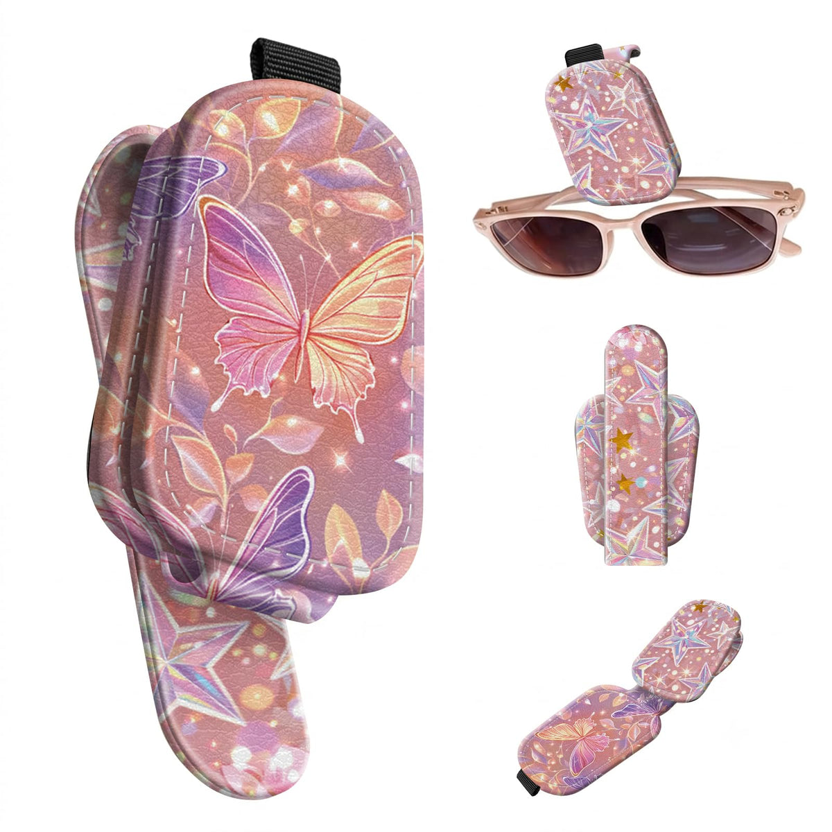 Sunglasses Holder for Car Visor, PU Leather Glasses Clip Organizer, Cute Magnetic Eyeglass Holder for Vehicle Sun Visor, Car Interior Accessory for Women & Men, Glitter
