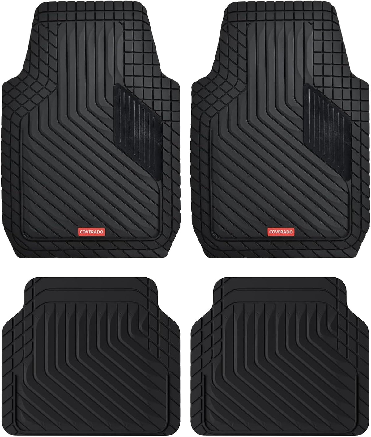 Coverado Heavy-Duty PVC Car Floor Mats Full Set – Black Metallic Heel Pad, All-Weather Protection for Front & Rear, Non-Slip Backing, Easy-to-Clean Liners, 4 Pcs