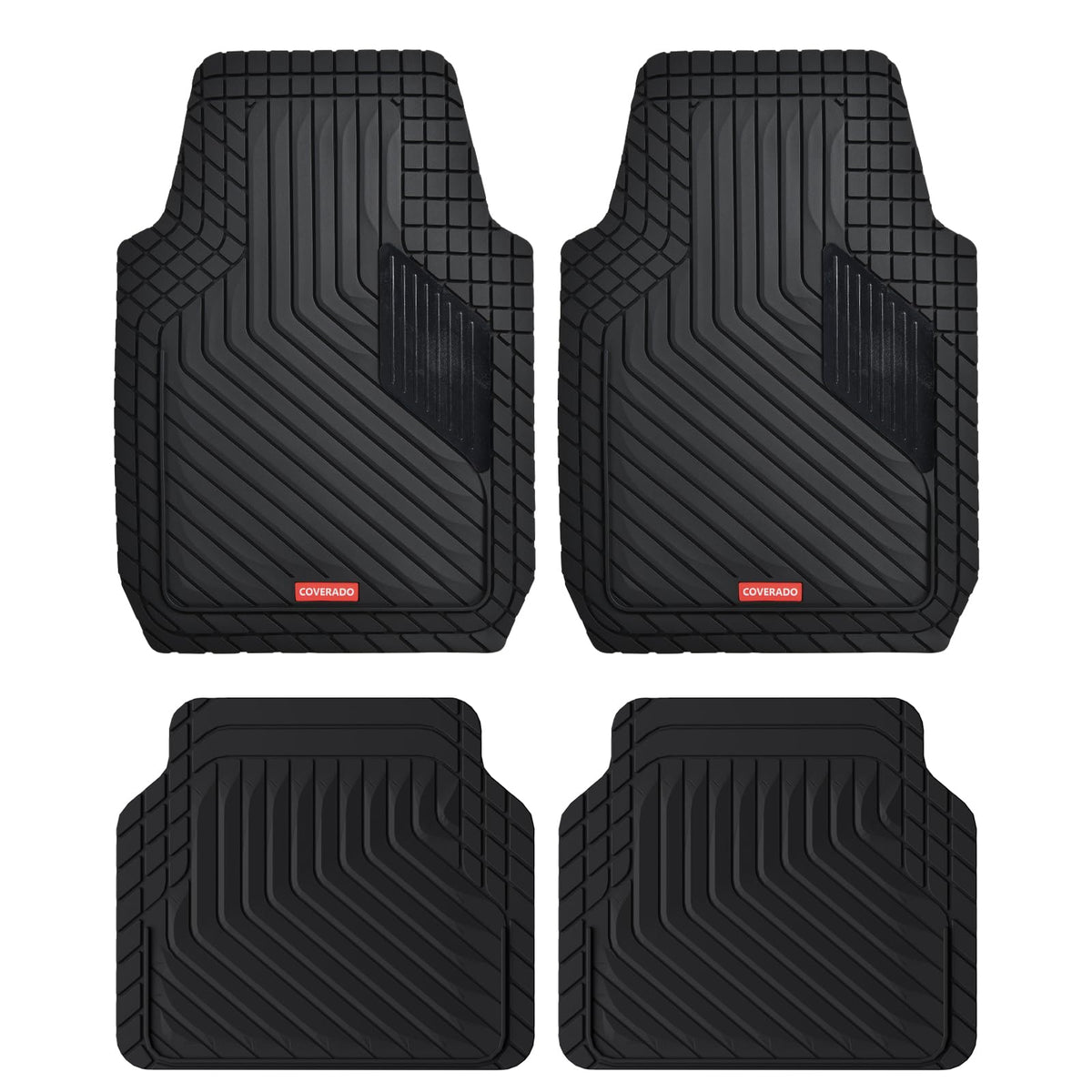 Coverado Heavy-Duty PVC Car Floor Mats Full Set – Black Metallic Heel Pad, All-Weather Protection for Front & Rear, Non-Slip Backing, Easy-to-Clean Liners, 4 Pcs