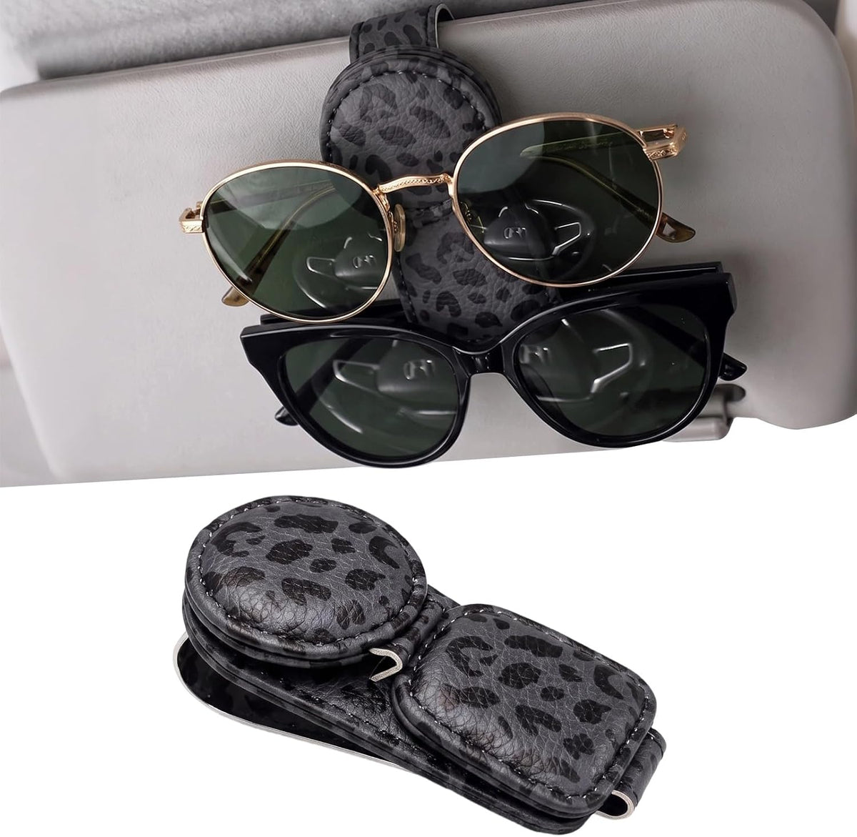 Dual Clip Car Sunglasses Holder, Applicable to Most Eyeglasses, Magnetic Leather Sun Glasses Mount Clip on Visors, Holds 2 Pairs of Glasses, Car Interior Visor Accessories (Leopard-Black)
