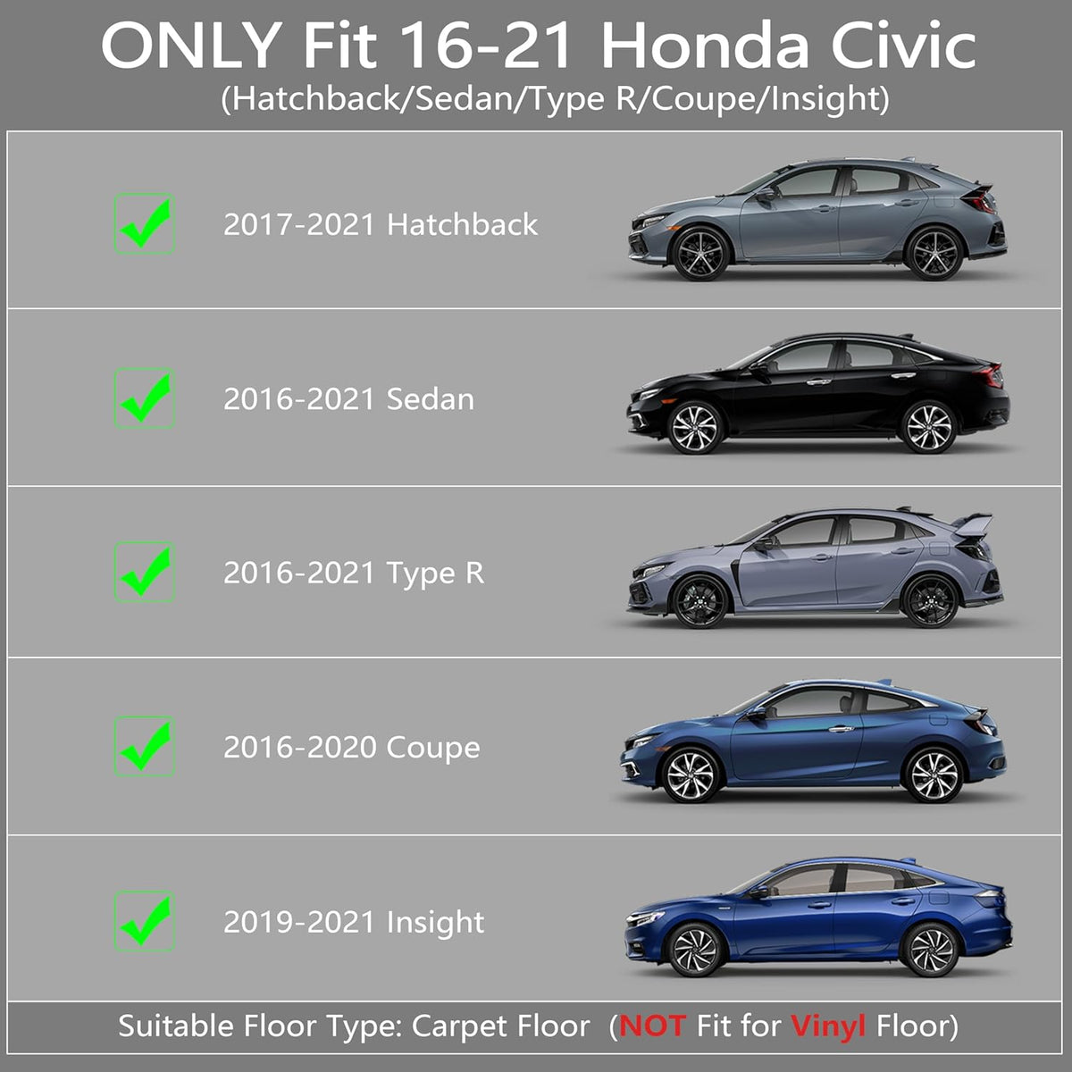KARPAL Floor Mats for Honda Civic 2016-2021 Sedan/Coupe/Type R/Insight