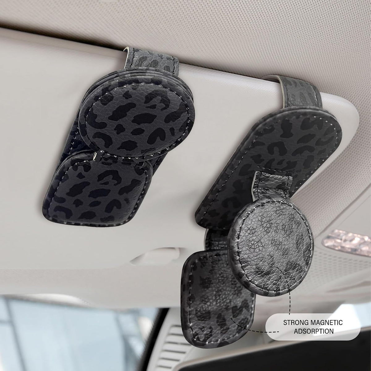 Dual Clip Car Sunglasses Holder, Applicable to Most Eyeglasses, Magnetic Leather Sun Glasses Mount Clip on Visors, Holds 2 Pairs of Glasses, Car Interior Visor Accessories (Leopard-Black)
