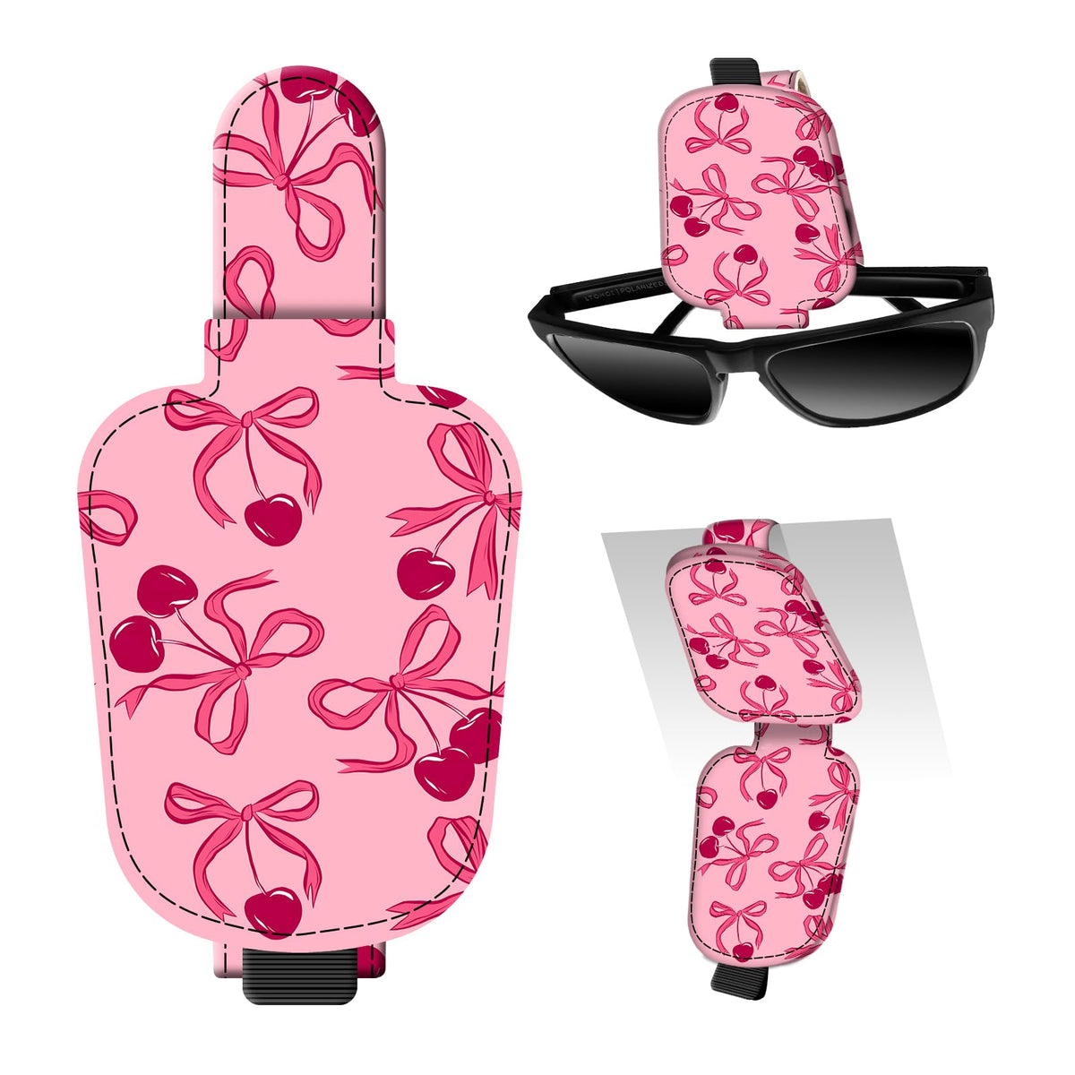 Leather Magnetic Sunglass Holder for Car Sun Visor, Cute Eyeglass Ticket Card Hanger Clip, Universal Auto Interior Accessories for SUV Pickup Truck Pink Bow