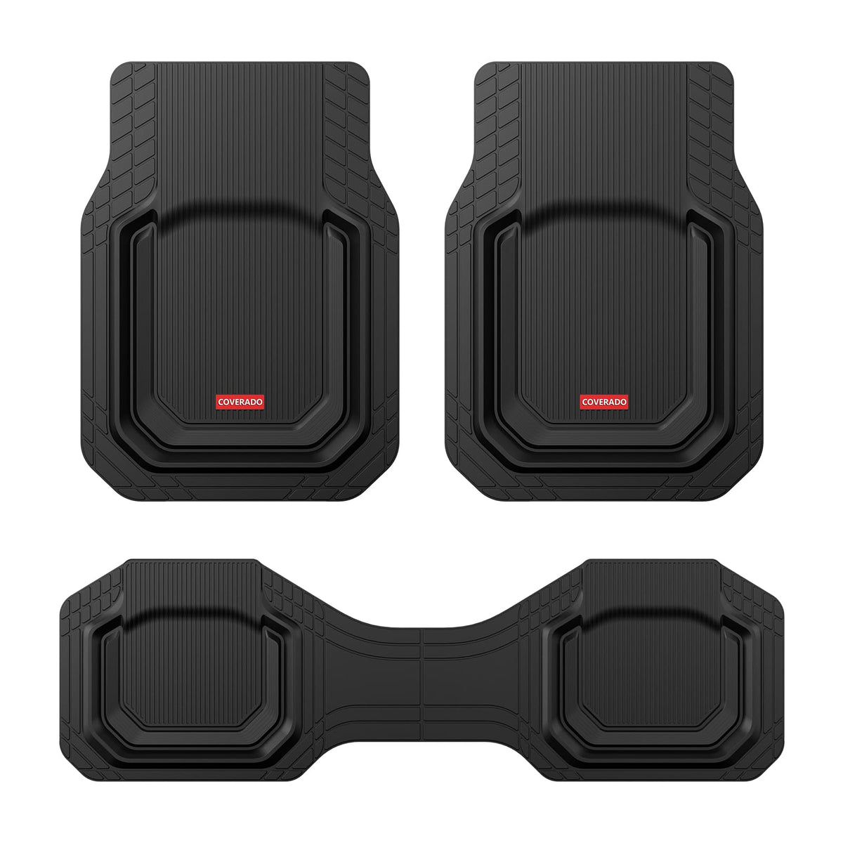 Coverado Heavy-Duty PVC Car Floor Mats Full Set – Black Metallic Heel Pad, All-Weather Protection for Front & Rear, Non-Slip Backing, Easy-to-Clean Liners, 4 Pcs
