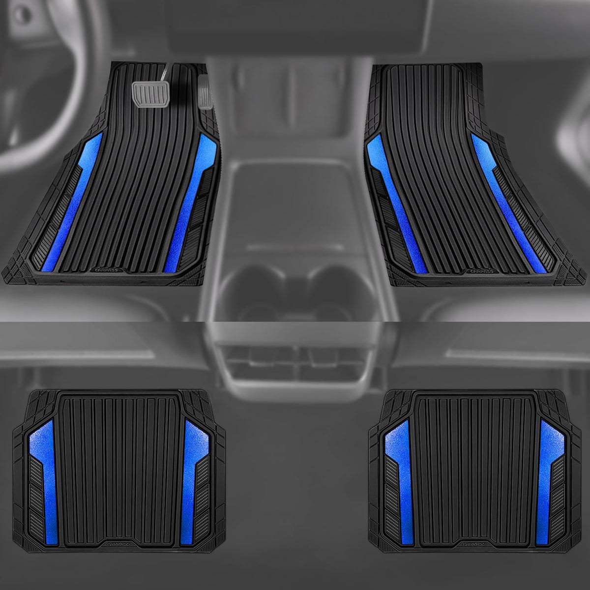 CAR PASS Heavy Duty Rubber Car Mats Metallic,Aluminum Film All Weather Floor Mats Waterproof Universal Trim to Fit Automotive SUV Sedan Van 4 Piece Anodized Deep Dish Two-Tone Sporty Black Blue Chrome