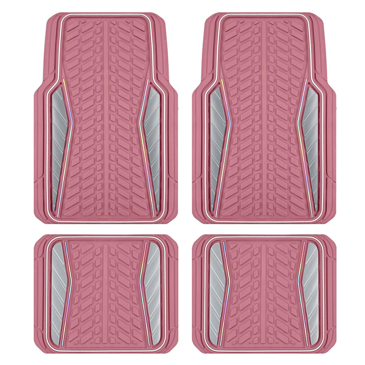 PIC AUTO Car Floor Mats, Pink Aluminum-Molded with Full-Circle Iridescent Inlay Strip Car Mats, Universal-Fit Rubber Mats for Cars, Trucks & SUVs, All-Weather, Non-Slip, Easy-to-Clean Interior Mats