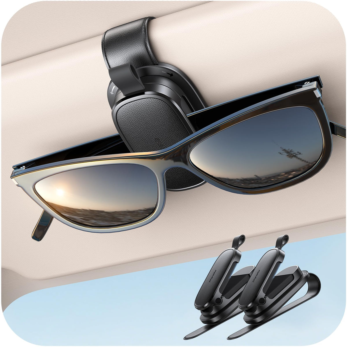 Chfeila 2Pack Sunglass Holder for Car, 360° Rotating & One-Hand Operation Magnetic Glasses Clip, Leather Sun Eyeglass Visor Organizer, Scratch-Free Eyewear Hanger for Car Accessories Gadgets - Black