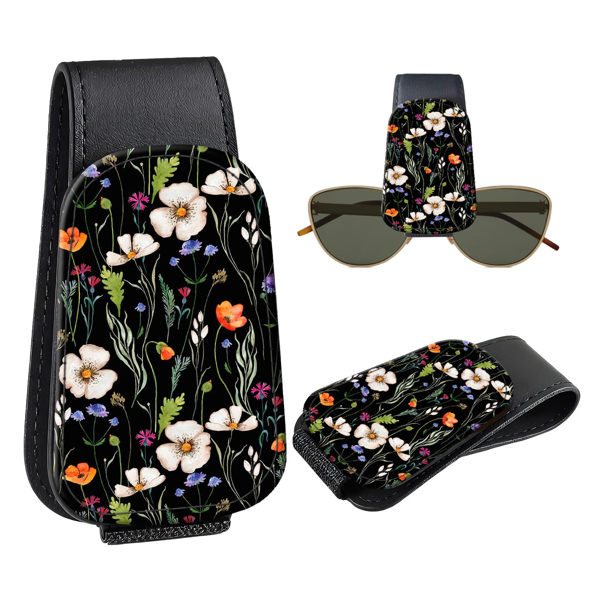 Leather Magnetic Sunglass Holder for Car Sun Visor, Cute Eyeglass Ticket Card Hanger Clip, Universal Auto Interior Accessories for SUV Pickup Truck, Sun Moon