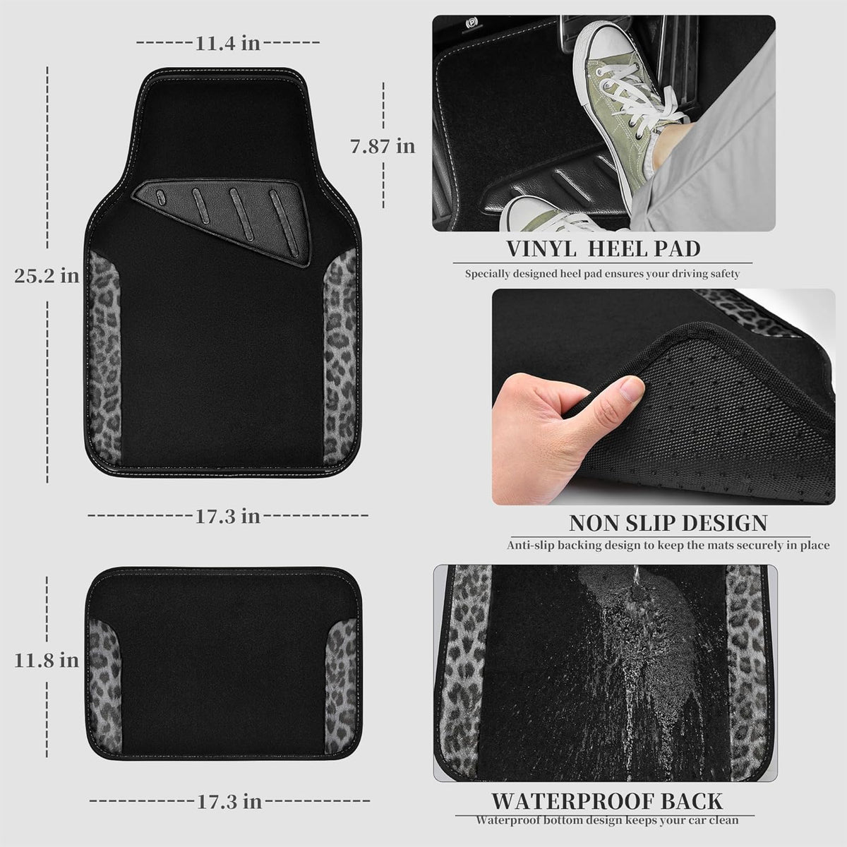 CAR PASS Waterproof Universal Car Floor Mats, Leopard Print Car Mats Fit for SUV,Vans,sedans, Trucks,Set of 4pcs Car Carpet with Driver Heel Pad and Nibs Backing, Leopard Car Accessories Gray Leopard