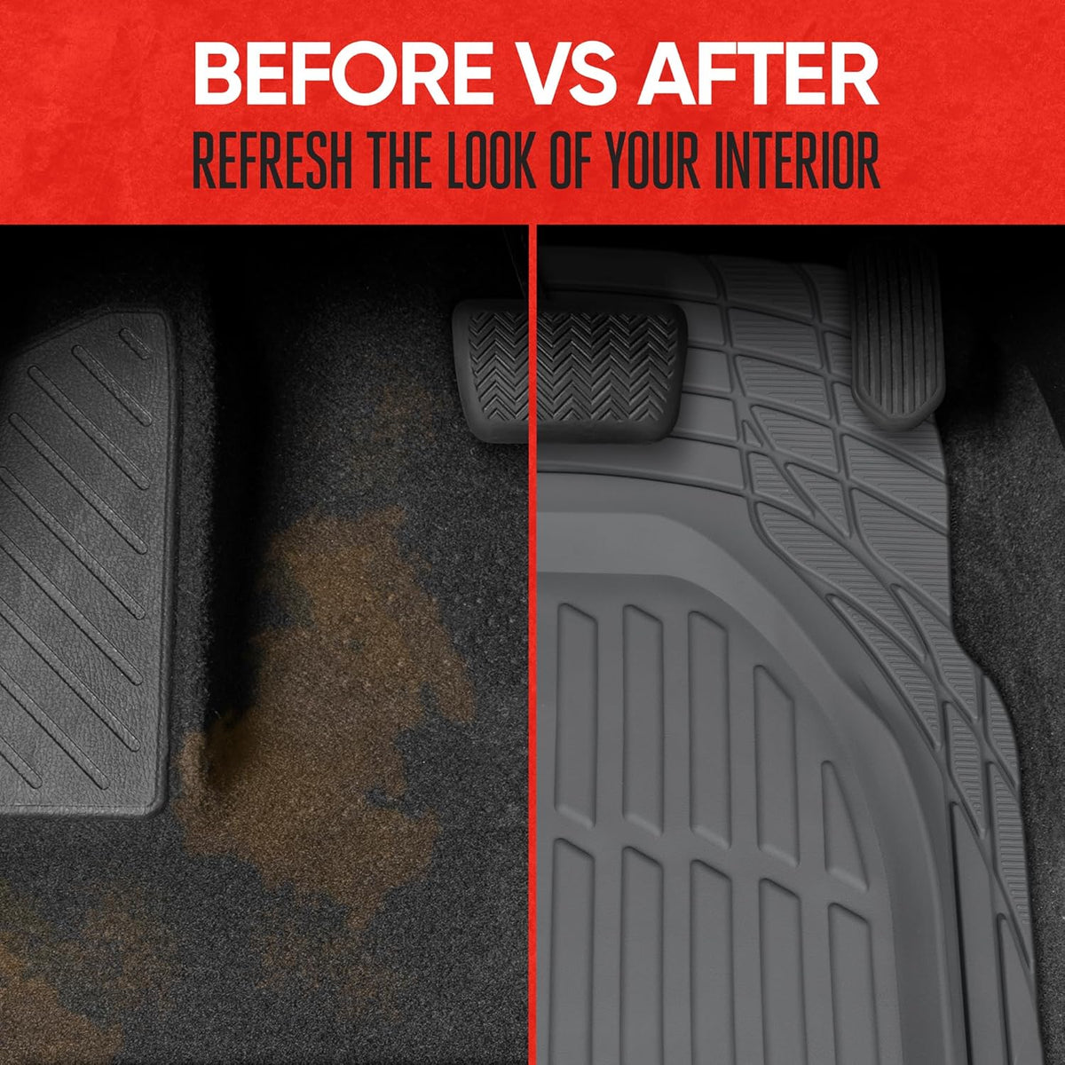 Motor Trend FlexTough Floor Mats for Cars, Gray Deep Dish All-Weather Mats, Waterproof Trim-To Fit Automotive Floor Mats for Trucks SUV, Universal Liner Car Accessories