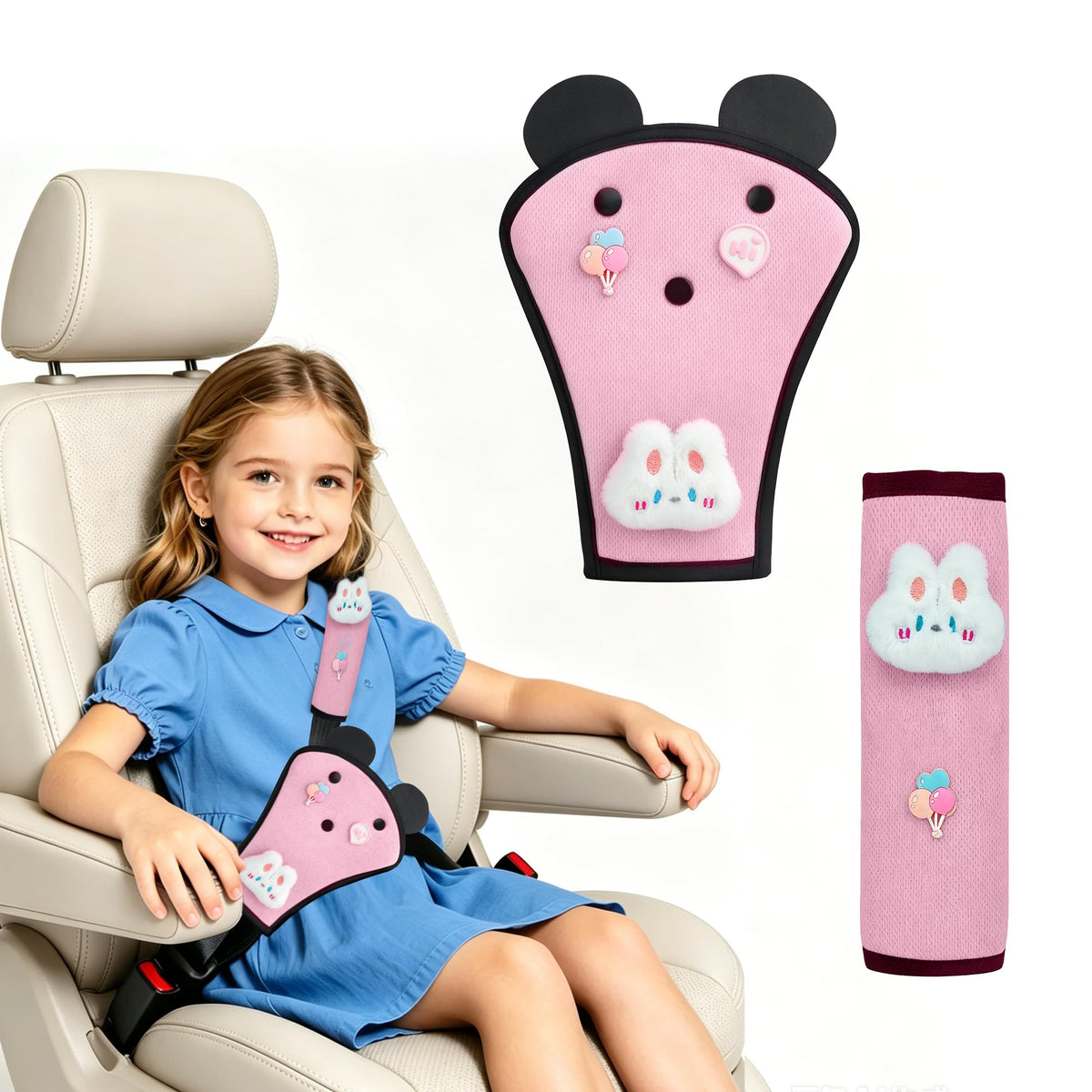 Cute Bunny Seat Belt Cover Pads for Kids – Soft Mesh Seatbelt Cushion, Shoulder & Belly Protector, 2-Piece Set
