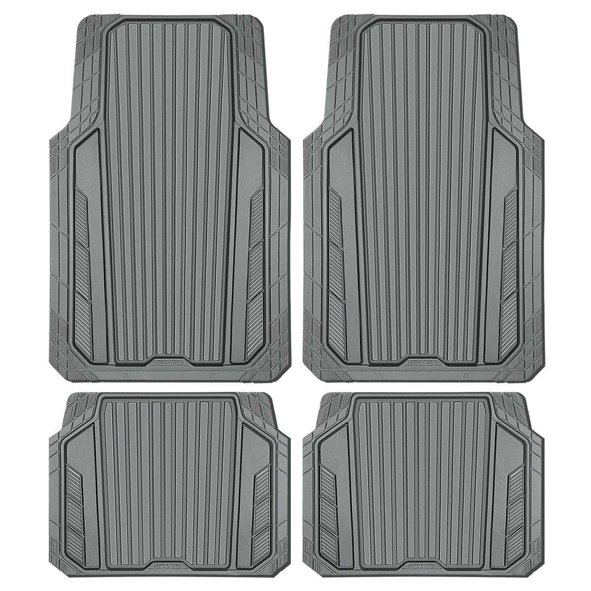 CAR PASS Heavy Duty Rubber Car Mats Metallic, Aluminum Film All Weather Floor Mats Waterproof Universal Trim to Fit Automotive SUV Sedan Van 4 Piece Anodized Deep Dish Two-Tone Sporty Black Red Chrome