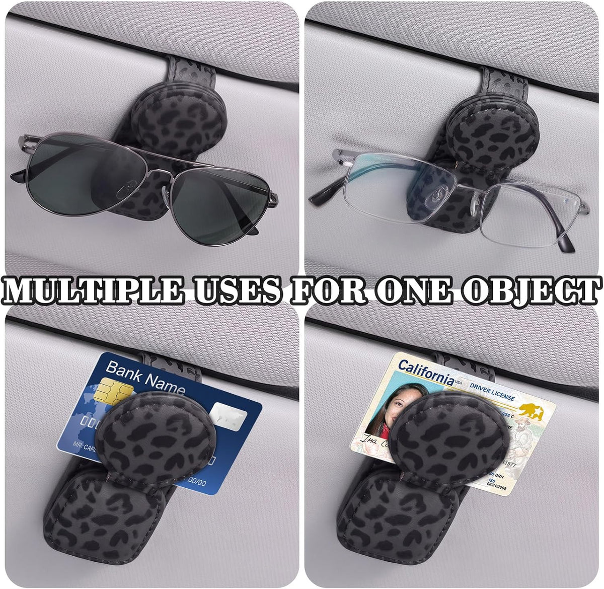 Dual Clip Car Sunglasses Holder, Applicable to Most Eyeglasses, Magnetic Leather Sun Glasses Mount Clip on Visors, Holds 2 Pairs of Glasses, Car Interior Visor Accessories (Leopard-Black)