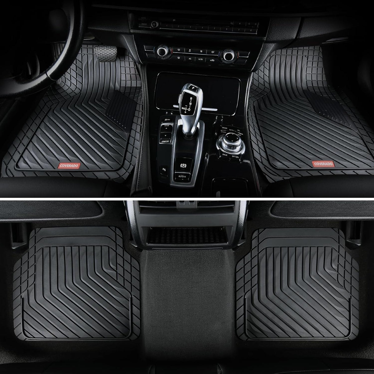 Coverado Heavy-Duty PVC Car Floor Mats Full Set – Black Metallic Heel Pad, All-Weather Protection for Front & Rear, Non-Slip Backing, Easy-to-Clean Liners, 4 Pcs