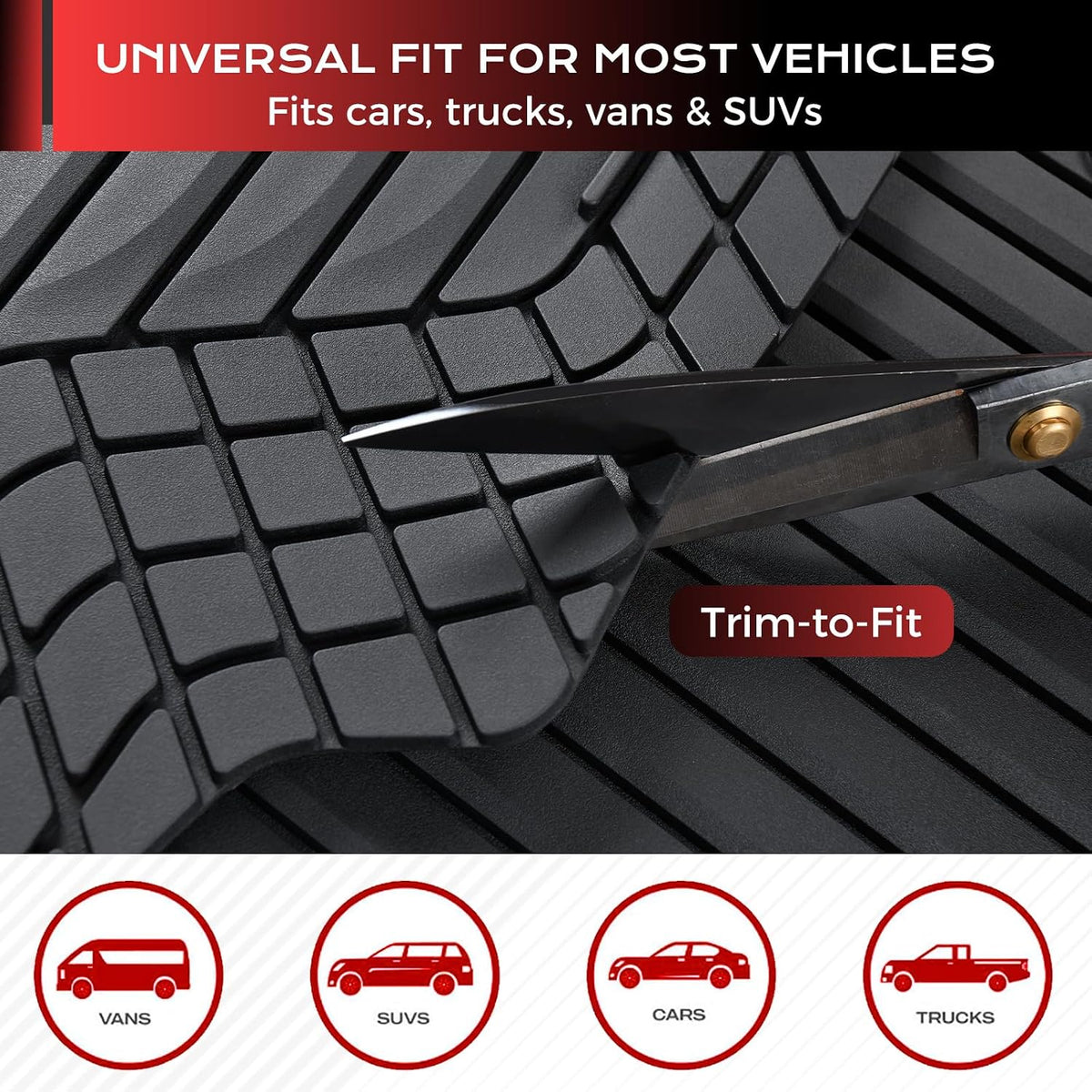 Coverado Heavy-Duty PVC Car Floor Mats Full Set – Black Metallic Heel Pad, All-Weather Protection for Front & Rear, Non-Slip Backing, Easy-to-Clean Liners, 4 Pcs