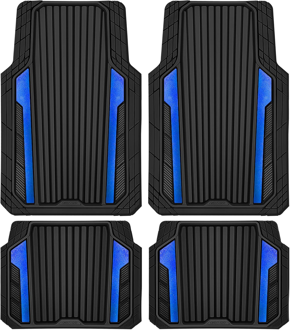 CAR PASS Heavy Duty Rubber Car Mats Metallic,Aluminum Film All Weather Floor Mats Waterproof Universal Trim to Fit Automotive SUV Sedan Van 4 Piece Anodized Deep Dish Two-Tone Sporty Black Blue Chrome