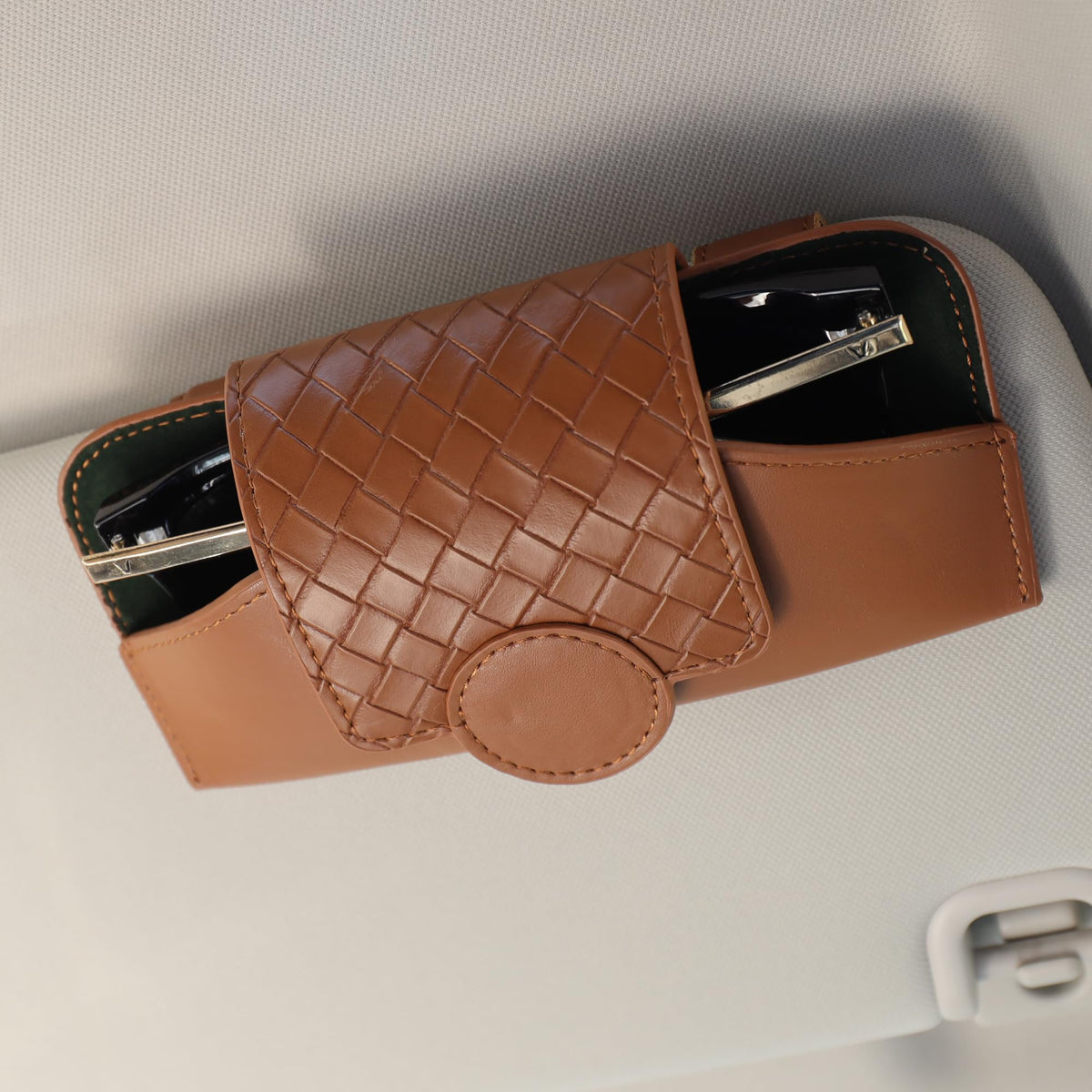 KINIVA Sunglasses Holder for Visor - Leather Glasses Case with Clips for All Car Models (Black)