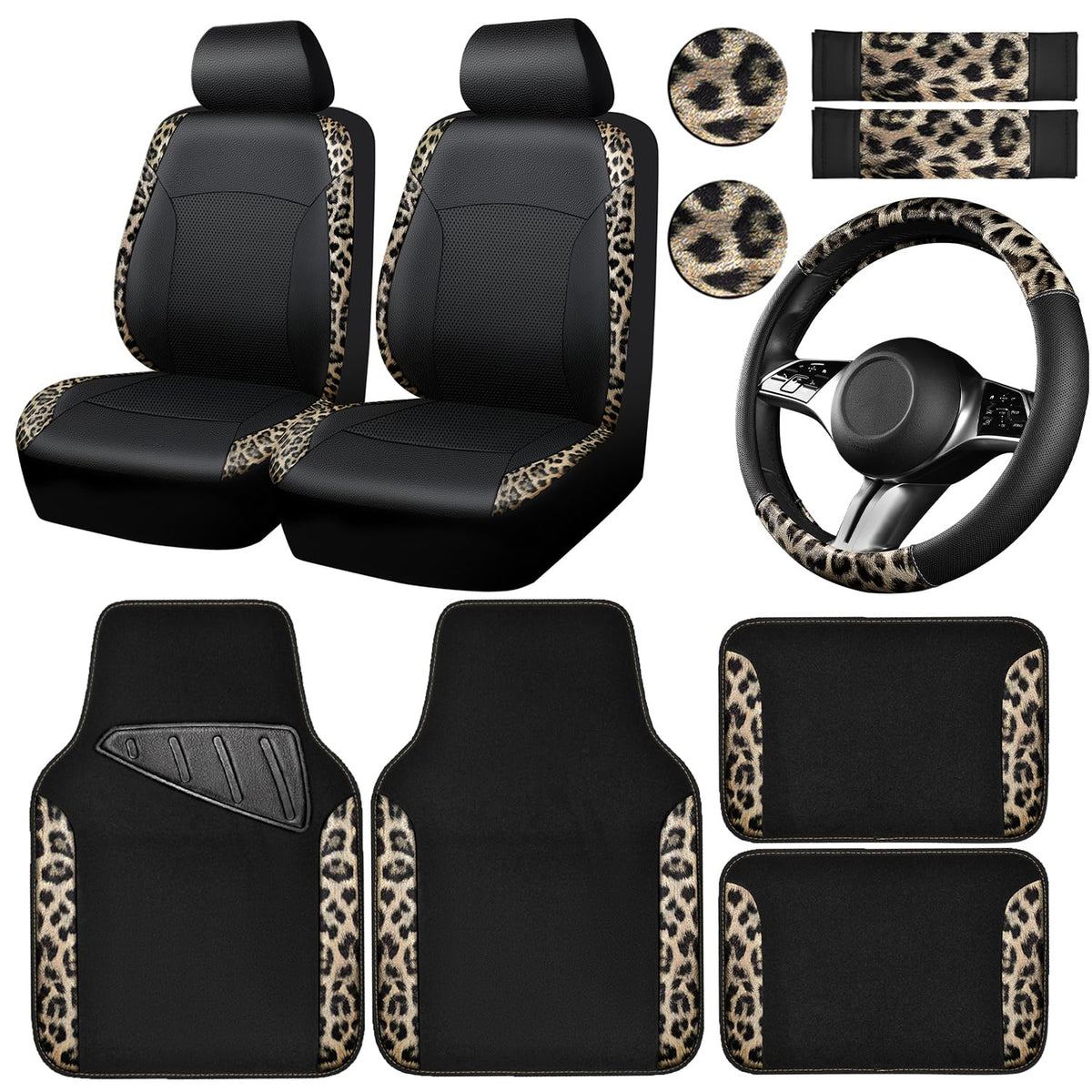 CAR PASS Waterproof Universal Car Floor Mats, Leopard Print Car Mats Fit for SUV,Vans,sedans, Trucks,Set of 4pcs Car Carpet with Driver Heel Pad and Nibs Backing, Leopard Car Accessories Gray Leopard