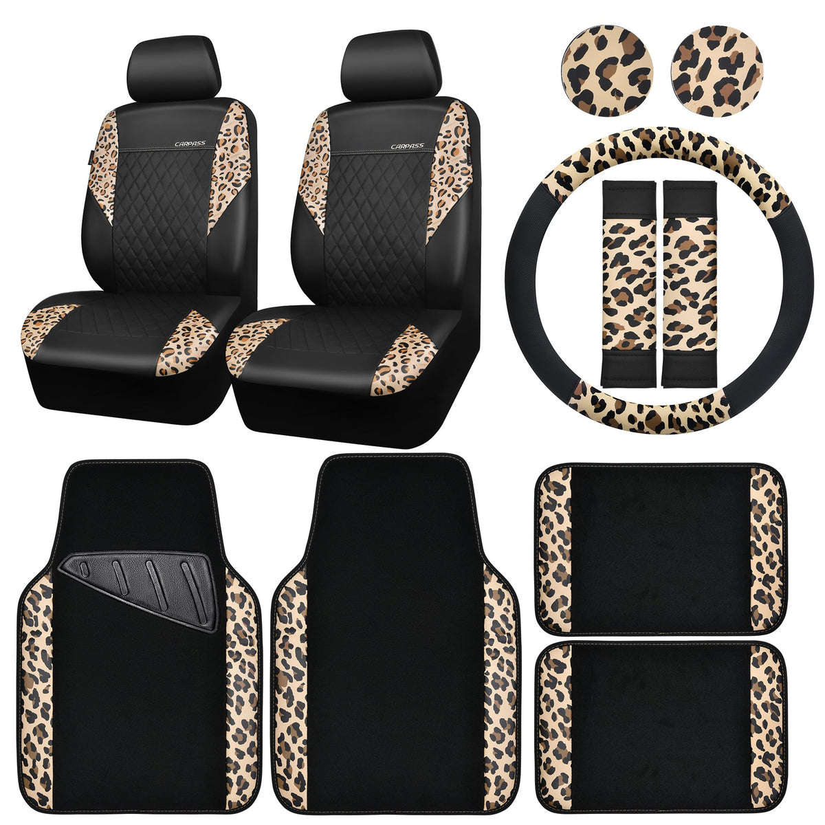 CAR PASS Waterproof Universal Car Floor Mats, Leopard Print Car Mats Fit for SUV,Vans,sedans, Trucks,Set of 4pcs Car Carpet with Driver Heel Pad and Nibs Backing, Leopard Car Accessories Gray Leopard