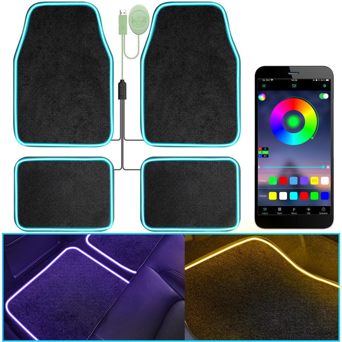 Soft Car Floor Mats With Led Strip Light, Universal Fit Black Automotive Carpet, App Control Interior Car Lights Floor Mats, Anti-Slip Waterproof RGB Car Decor Accessories For SUV, Trucks, Sedan,Jeeps
