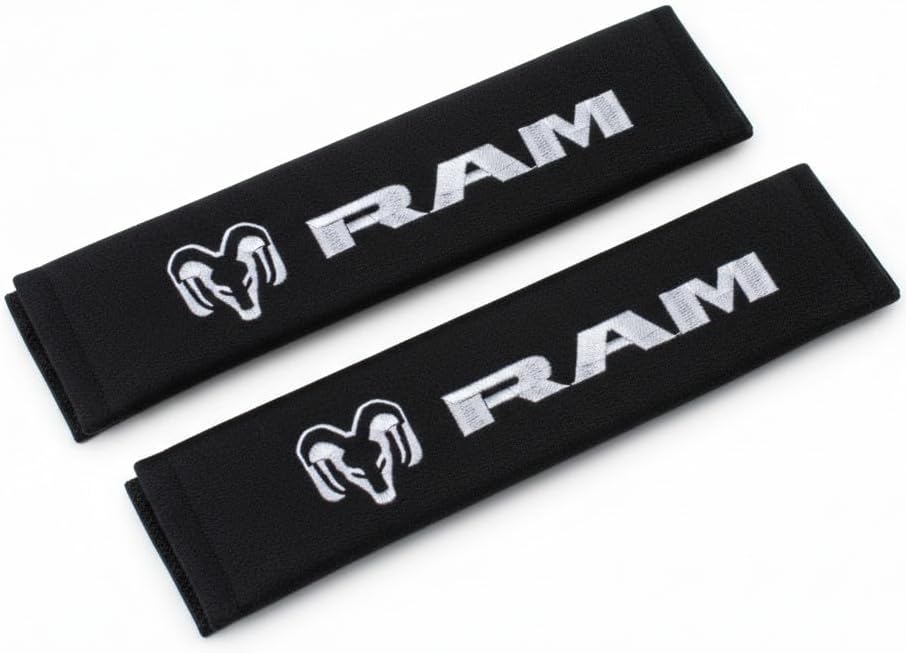 RAM Trucks Seat Belt Covers 2-Pack – Embroidered Logo Padded Shoulder Protectors 3" x 10" Black