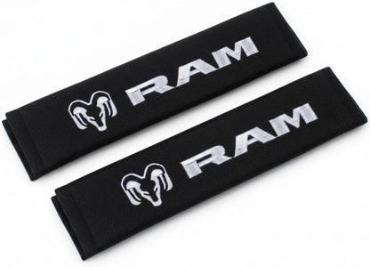 RAM Trucks Seat Belt Covers 2-Pack – Embroidered Logo Padded Shoulder Protectors 3" x 10" Black