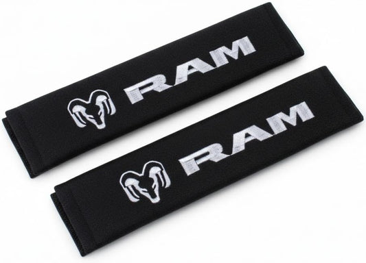RAM Trucks Seat Belt Covers 2-Pack – Embroidered Logo Padded Shoulder Protectors 3" x 10" Black