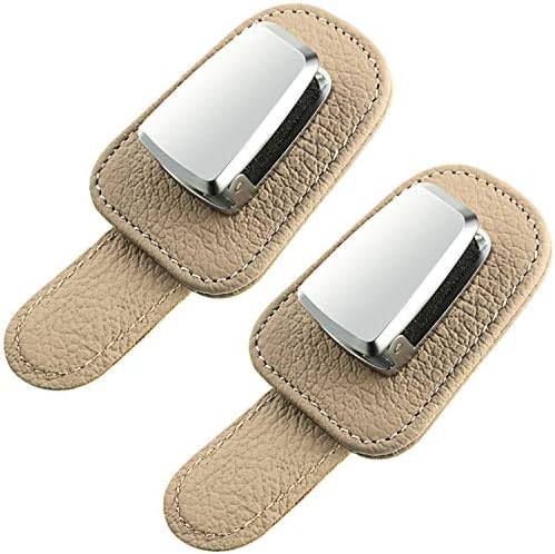 Mudder 2 Packs Sunglasses Holder for Car Universal Visor Sunglasses Holder Clip Leather Eyeglasses Hanger and Ticket Card Clip Eyeglasses Mount for Car(Beige)