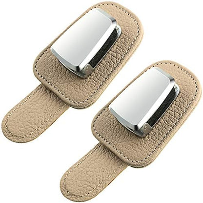 Mudder 2 Packs Sunglasses Holder for Car Universal Visor Sunglasses Holder Clip Leather Eyeglasses Hanger and Ticket Card Clip Eyeglasses Mount for Car(Beige)