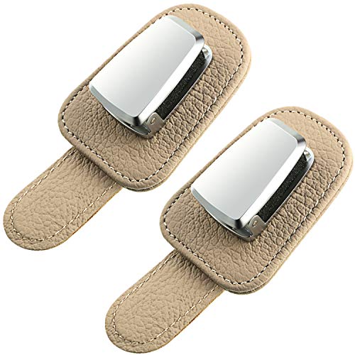 Mudder 2 Packs Sunglasses Holder for Car Universal Visor Sunglasses Holder Clip Leather Eyeglasses Hanger and Ticket Card Clip Eyeglasses Mount for Car(Beige)