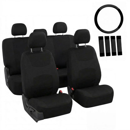 Automotive Seat Covers Beige Black Universal Fit Seat Cover Combo Set with Steering Wheel Cover and Seat Belt Pad (Airbag Compatible and Split Bench)