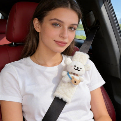 2 PCS Seat Belt Cover Pad, Cute Kawaii Animal Dog Soft Seatbelt Covers for Kids, Womens Seatbelt Cushion, Car Seat Strap Pads (White+Khaki)