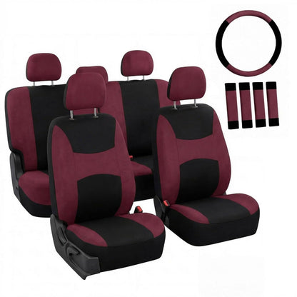 Automotive Seat Covers Beige Black Universal Fit Seat Cover Combo Set with Steering Wheel Cover and Seat Belt Pad (Airbag Compatible and Split Bench)