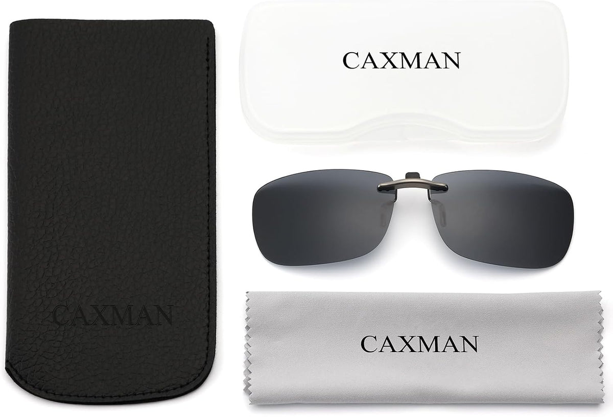 CAXMAN Polarized Clip On Sunglasses Over Prescription Glasses Men Women Compact Fit Non-Flip Up