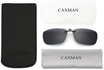 CAXMAN Polarized Clip On Sunglasses Over Prescription Glasses Men Women Compact Fit Non-Flip Up