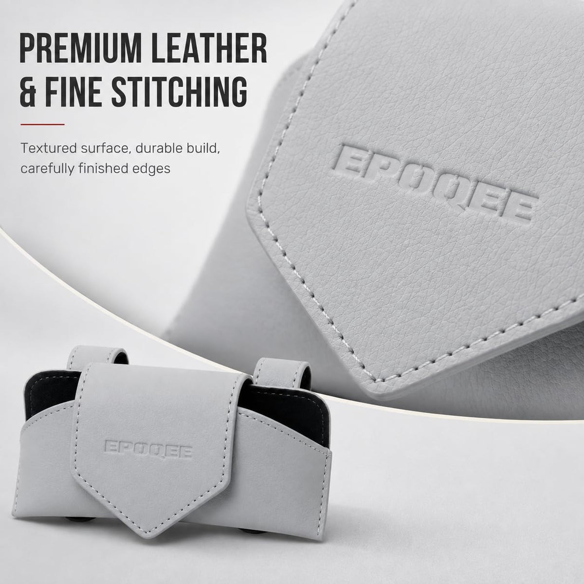 Sunglasses Holder for Car Visor, Enclosed Leather Case, Light Gray