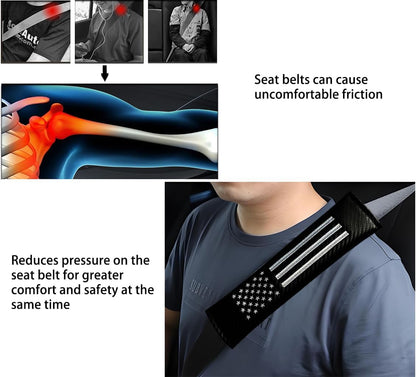 2PCS Car Seat Belt Covers Shoulder Pads for American USA Flag, Carbon Fiber Car Seat Belt Pads Safety Belt Cover Pad, American Flag Decoration Interior Car Accessories