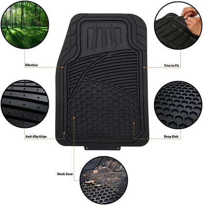Amazon Basics Heavy Duty Thick PVC Car Floor Mats, Anti-Slip, Easy to Clean, Universal Trim-to-Fit All-Weather for Automotive SUV Sedans Trucks, 4-Piece, Solid Black