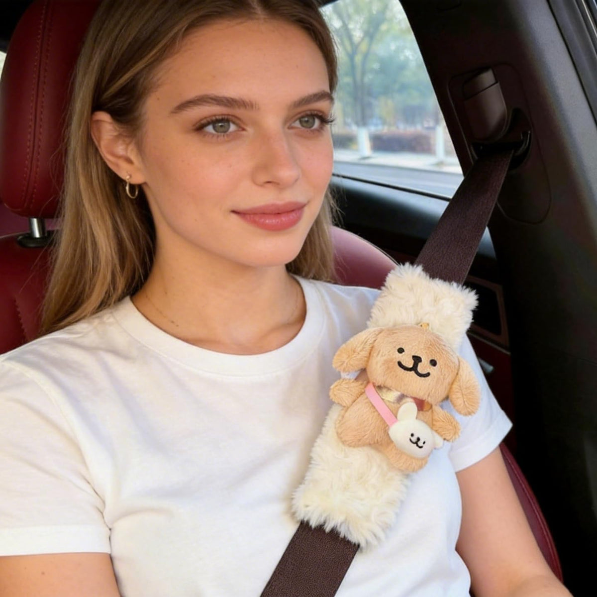2 PCS Seat Belt Cover Pad, Cute Kawaii Animal Dog Soft Seatbelt Covers for Kids, Womens Seatbelt Cushion, Car Seat Strap Pads (White+Khaki)