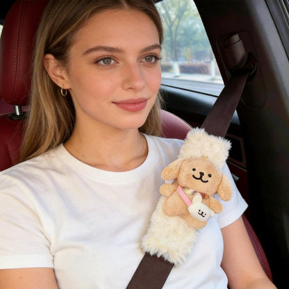 2 PCS Seat Belt Cover Pad, Cute Kawaii Animal Dog Soft Seatbelt Covers for Kids, Womens Seatbelt Cushion, Car Seat Strap Pads (White+Khaki)