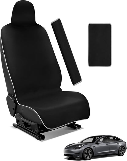 for Tesla Model 3/Y Waterproof Neoprene Car Seat Cover with Extended Seat Belts & Armrest Box Pads, Sweatproof Non-Slip Seat Protector for Run, Yoga Kids and Pet Protection(Black, 3PCS)