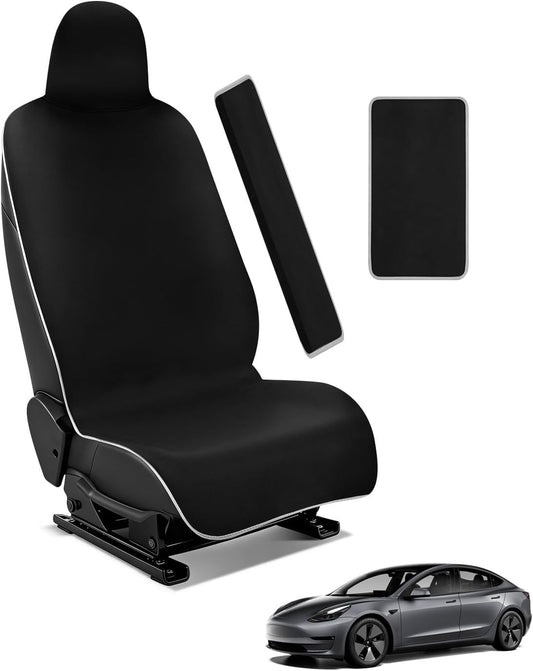for Tesla Model 3/Y Waterproof Neoprene Car Seat Cover with Extended Seat Belts & Armrest Box Pads, Sweatproof Non-Slip Seat Protector for Run, Yoga Kids and Pet Protection(Black, 3PCS)