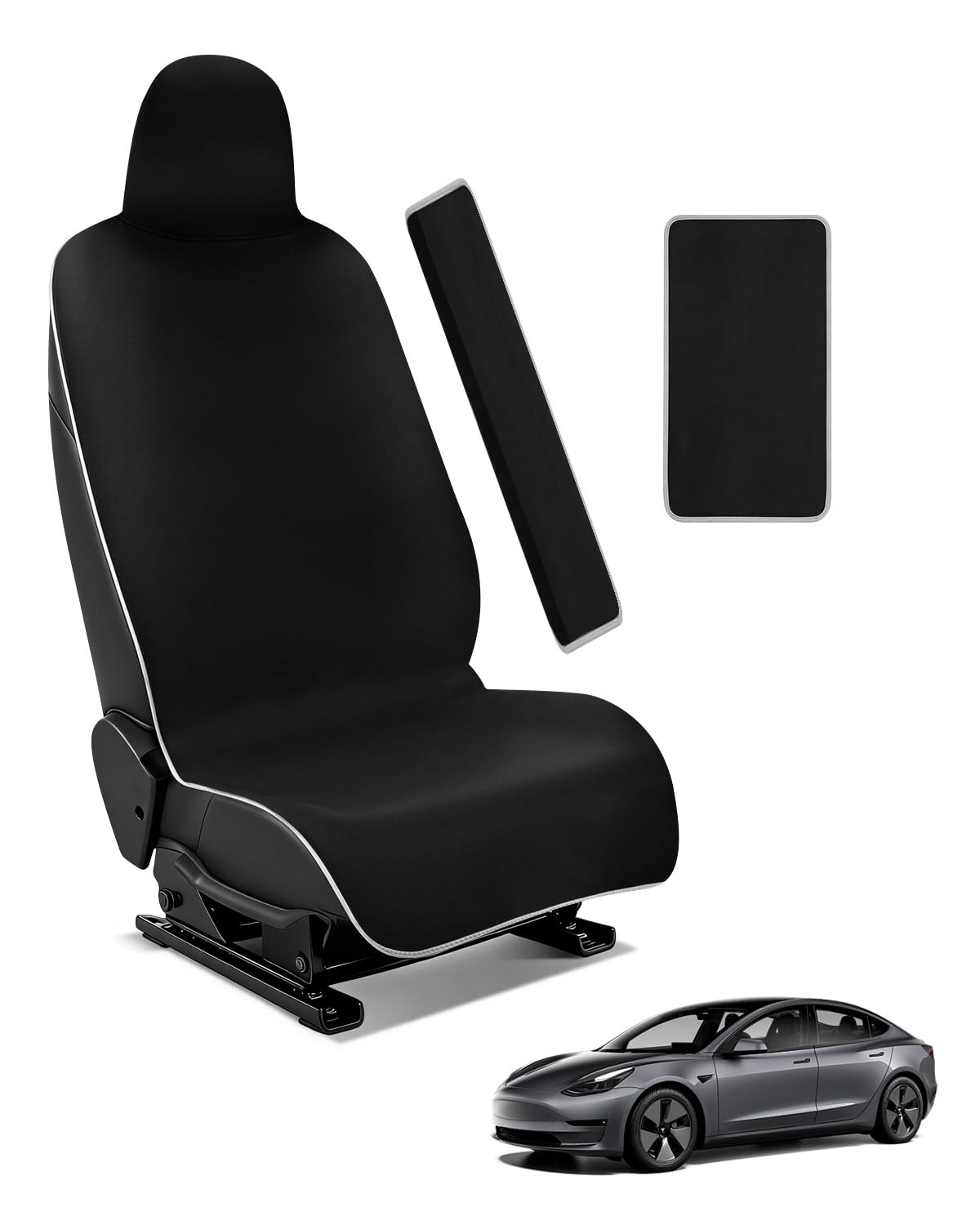 for Tesla Model 3/Y Waterproof Neoprene Car Seat Cover with Extended Seat Belts & Armrest Box Pads, Sweatproof Non-Slip Seat Protector for Run, Yoga Kids and Pet Protection(Black, 3PCS)