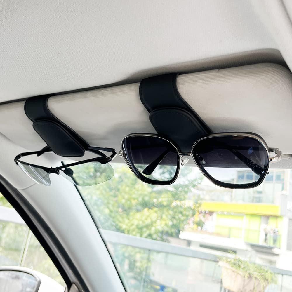 2Pcs Sunglass Holder for Car, Magnetic Leather Eyeglass Hanger Clip for Car Sun Visor, Sunglasses Holder and Ticket Card Clip for Car Visor Accessories (Carbon Fibre Black)