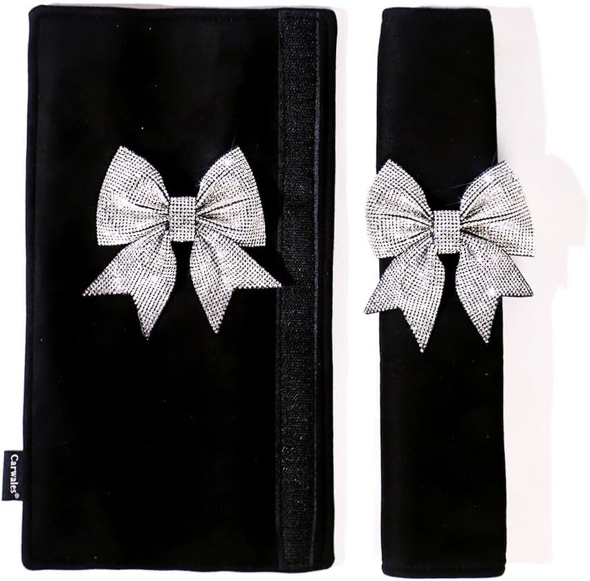 Carwales Bowknot Car Seat Belt Cover Bow Seatbelt Cushion for Shoulder, Seat Strap Pads for Women Girls Rhinestone Bling Accessories Bow Interior Auto 2 Pack Black