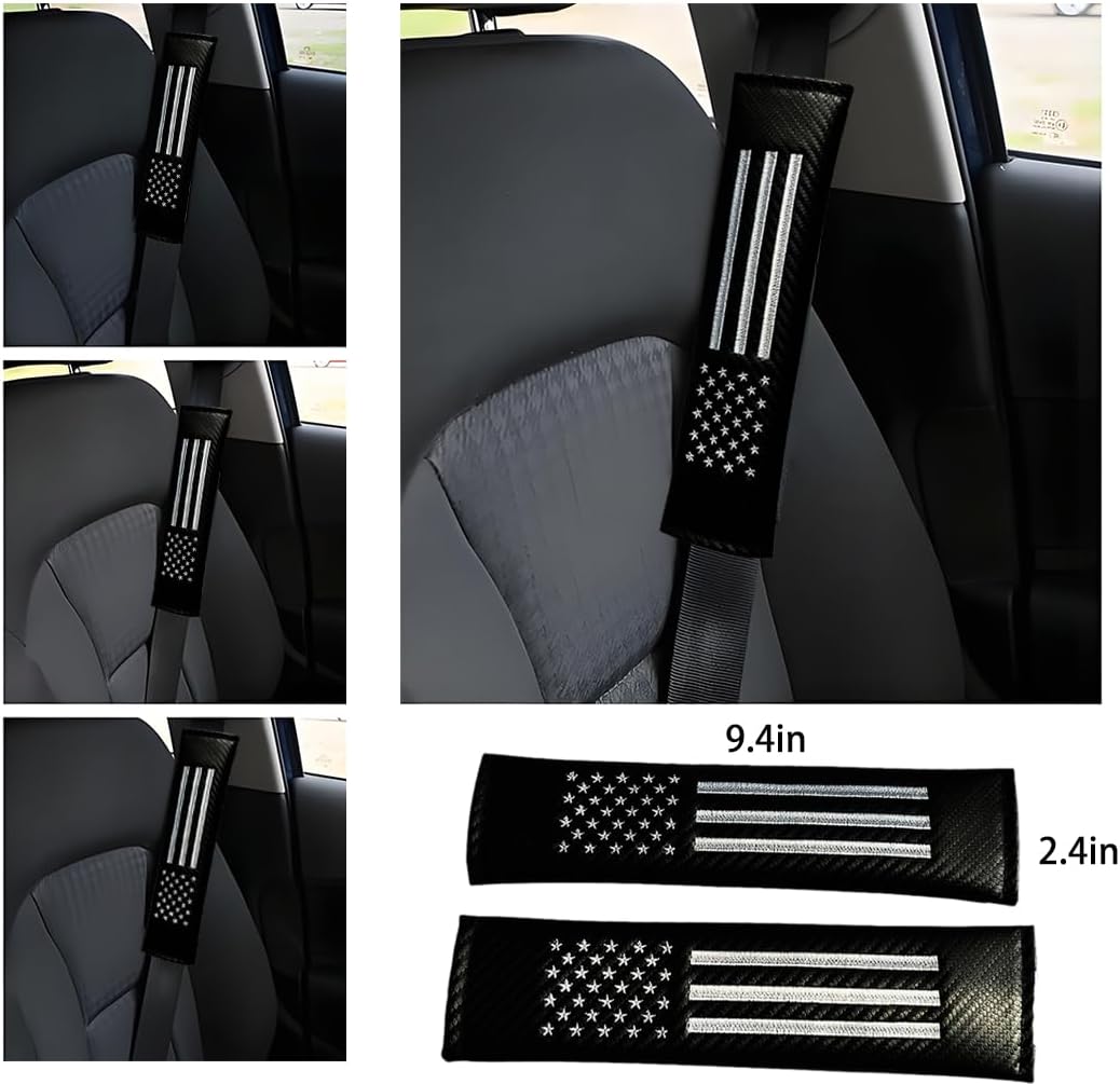 2PCS Car Seat Belt Covers Shoulder Pads for American USA Flag, Carbon Fiber Car Seat Belt Pads Safety Belt Cover Pad, American Flag Decoration Interior Car Accessories
