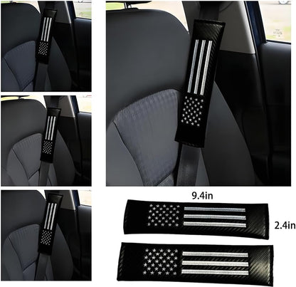 2PCS Car Seat Belt Covers Shoulder Pads for American USA Flag, Carbon Fiber Car Seat Belt Pads Safety Belt Cover Pad, American Flag Decoration Interior Car Accessories